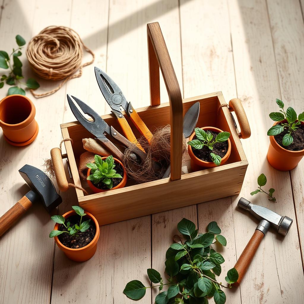 Garden hand tools, terracotta pots and seedlings arranged on weathered wood